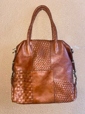 Patricia Nash Paloma Discovery Leather Tote - Cognac (Woven Patchwork)